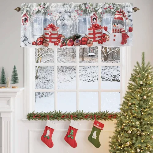 Vista 4 de Cenefa de cortina de muñeco de nieve de Navidad para ventanas, sala de estar, cocina, baño, cafetería, copo de nieve de invierno, ramas de pino