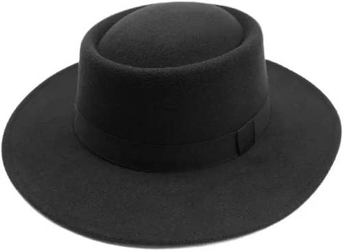 Vista 2 de Gorra de fieltro duro vintage de lana de cerdo con tapa plana, Negro