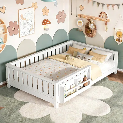Vista 29 de Marco de cama Montessori Twin con estantería y barandillas, color beige
