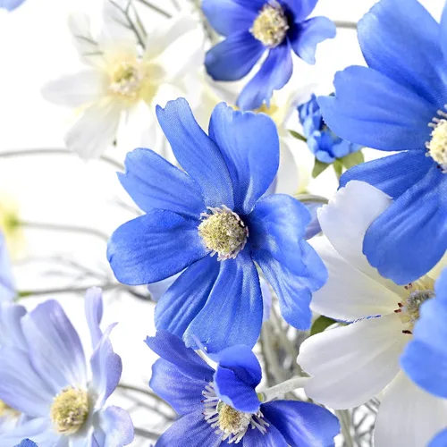 Vista 4 de 6 piezas de Coreopsis de seda azul, flores cosmos de tallo largo flexibles Soft silk blooms with bendable wire stems, total 24 flowers