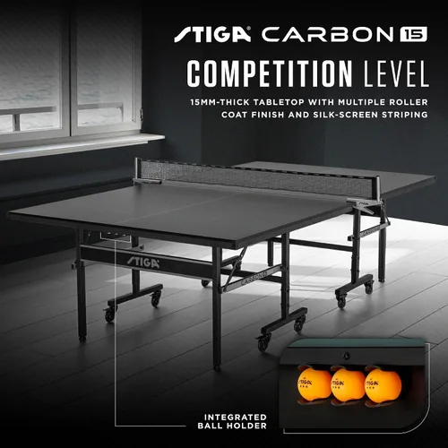 Vista 2 de STIGA Carbon Series Indoor Table Tennis Table with 15mm - 18mm Performance Top, QuickPlay Assembly, Built-in Ball Storage, Foldable Playback Mode &