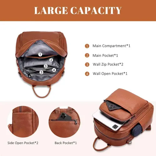 Vista 6 de BOYATU Mochila de cuero genuino para mujer mochilas suaves convertibles antirrobo - Elegante mochila de viaje para mujer (01 mediano-marrón caramelo)
