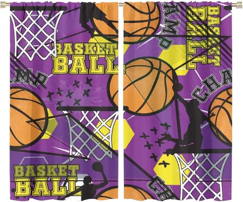 Vista 44 de Cortinas deportivas de baloncesto para niños, patrón de llama de bola 3D naranja, 42 pulgadas de ancho x 45 pulgadas de largo