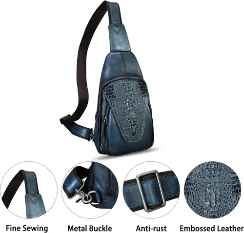 Vista 2 de Bolso de cuero genuino para hombres y mujeres en relieve de piel de cocodrilo honda mochila bandolera de pecho, Azul marino
