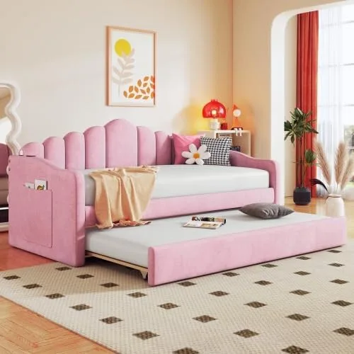 Vista 10 de Bellemave Sofá cama tapizado de tamaño individual con nido desplegable, marco de cama de día individual con puertos de carga USB y tipo C, sofá cama