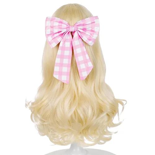 Vista 2 de Peluca rubia con clip de pelo con lazo rosa, peluca de princesa ondulada Rubia Flequillo