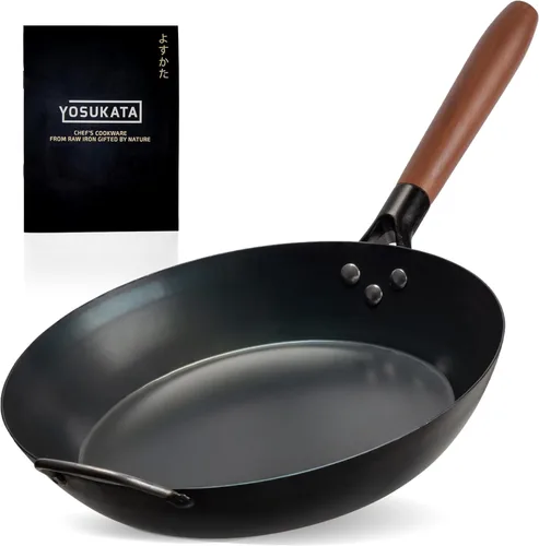 Vista 11 de YOSUKATA Sartén de acero al carbono de 7.9 pulgadas, sartén pre-sazonada no tóxica con mango de madera extraíble, sartén estilo wok sin
