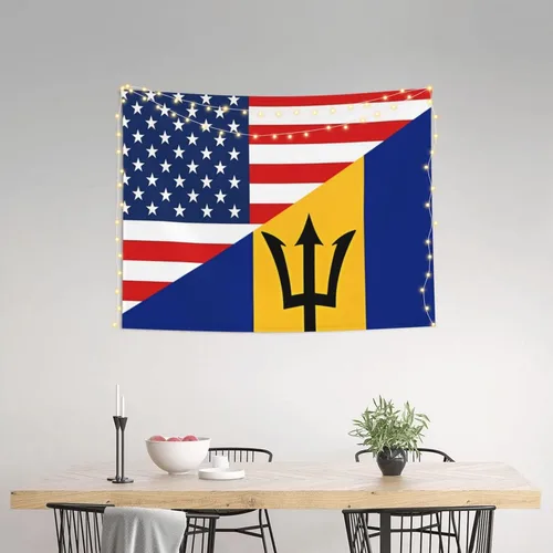 Vista 3 de Tapiz decorativo para pared, diseño de bandera estadounidense y bandera de Barbados, para colgar en la pared, manteles de arte hippie de 29 x 37