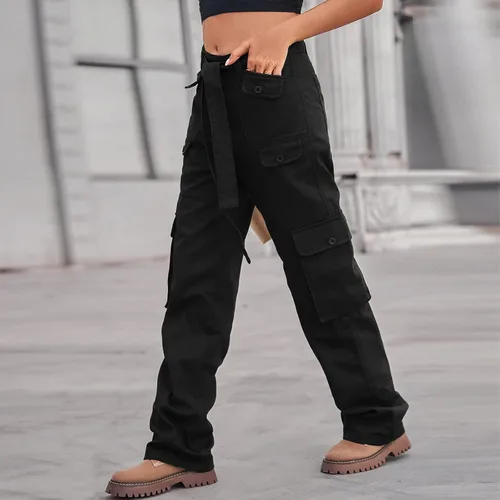 Vista 4 de Pantalones cargo vintage para mujer, pantalones de mezclilla holgados de moda de los años 90, bolsillos de pierna ancha, cintura alta, pantalones
