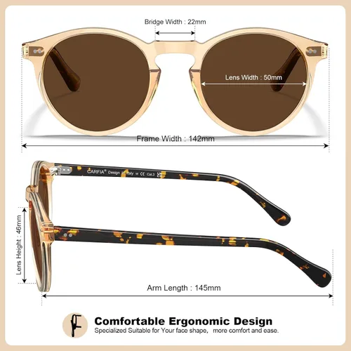Vista 47 de CARFIA Gafas de sol redondas de acetato para hombre, polarizadas, protección UV, gafas de sol clásicas retro CA5289L