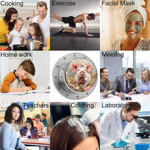 Vista 5 de Pig Floral Kitchen Timer Mechanical No-Battery, Magnetic Back, Loud Alarm for Kitchen, Study & Fitness
