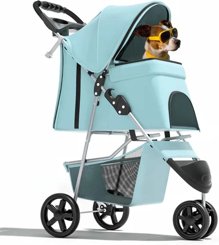 Vista 23 de Magshion Cochecito para mascotas de 3 ruedas, cochecito de viaje plegable para perros y gatos pequeños y medianos (hasta 33 libras), transportador