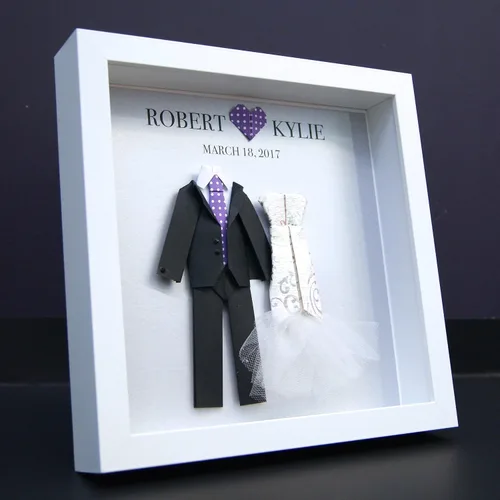 Vista 4 de Personalized First Anniversary Gift, Paper Anniversary Gift, Wedding Gift, Paper Origami Bride & Groom Frame Wall Art Decor