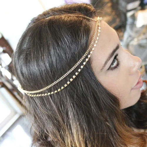 Vista 4 de Diadema dorada con lentejuelas y diamantes de imitación, bandas de pelo bohemias de cristal para Halloween, aro para el pelo para mujer, para novia