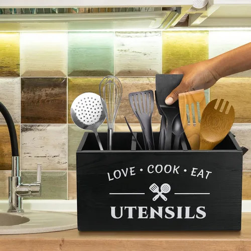 Vista 6 de MINCORD Soporte para utensilios de cocina con 3 compartimentos, caja organizadora de almacenamiento de madera rústica, caja organizadora
