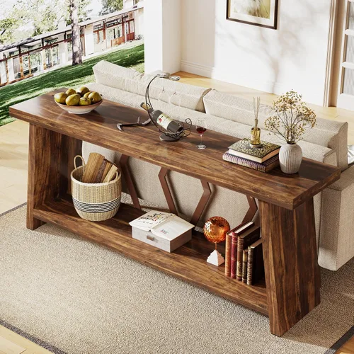 Vista 5 de Tribesigns Mesa consola de granja de 70.86 pulgadas, mesa de entrada de sofá largo industrial estrecha con almacenamiento, sofá de madera de 2 Marrón