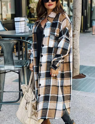Vista 3 de Omoone - Chaqueta de manga larga con botones para mujer diseño a cuadros de ajuste holgado