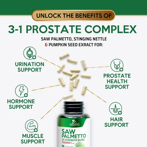 Vista 5 de Saw Palmetto para hombres, suplementos de salud de próstata de fuerza 3 veces para apoyo a la salud masculina, con ortiga picante y extracto