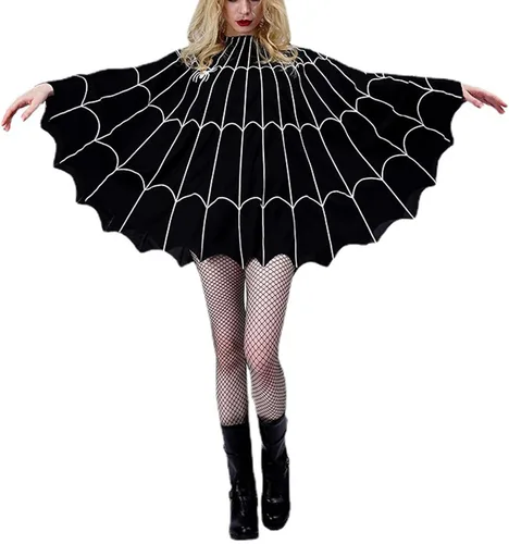 Vista 4 de Capa de Halloween para mujer, poncho gótico de telaraña para cosplay, escenario, fiesta, disfraz de Halloween para mujer Negro