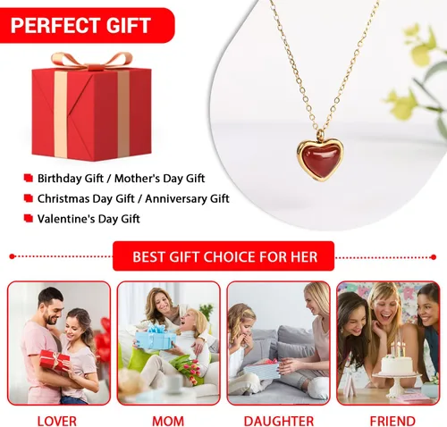 Vista 4 de Temoto Valentines Day Girlfriend Gifts Necklace - Gold Carnelian Crystal Heart Necklace for Women Teen Girls Love Gifts for Her