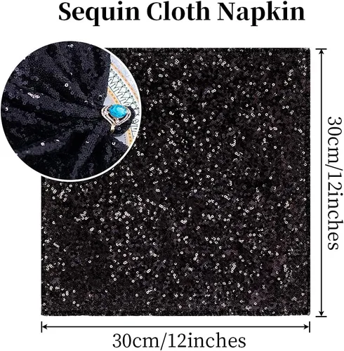 Vista 9 de Eternal Beauty Servilletas de tela de lentejuelas negras de 12 x 12 pulgadas, paquete de 12 para fiestas, bodas, cenas de cumpleaños
