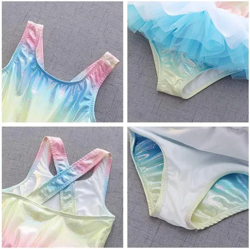 Vista 4 de HIHCBF Traje de baño de una pieza para niñas con volantes Tutú con gorra de sirena y escala, ropa de playa