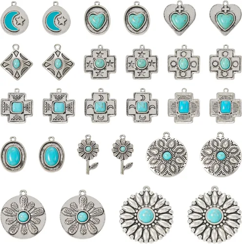 Vista 15 de 16 dijes de piedra turquesa de 8 estilos, estilo tibetano, vintage, bohemios, curativos, piedras preciosas colgantes grandes, joyería occidental
