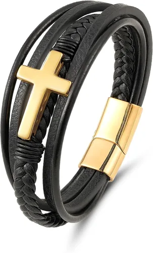 Vista 8 de Pulsera de cuero para hombre con cruz trenzada de varias capas con cierre de acero inoxidable, regalos religiosos cristianos para él