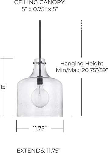 Vista 2 de HomePlace Lighting 325712MB Crawford - Lámpara colgante con tarro de vidrio transparente industrial/urbano, 1 luz de 100 vatios, 15 pulgadas de alto