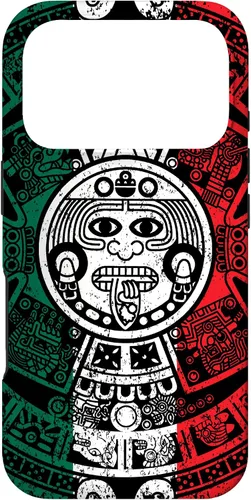 Vista 30 de Funda para iPhone 17 con calendario maya azteca con diseño de piedra solar envejecida de la bandera de México
