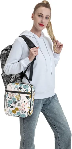 Vista 6 de FREEHOTU Bolsa de almuerzo con patrón floral, doble aislamiento, a prueba de fugas, bolsa de mano, organizador de almuerzo para trabajo, picnic