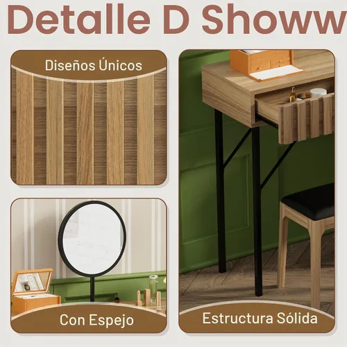 Vista 4 de Escritorio de madera con espejo, juego de tocador de maquillaje con cajón, tocador de tocador, juego de escritorio de maquillaje con espacio