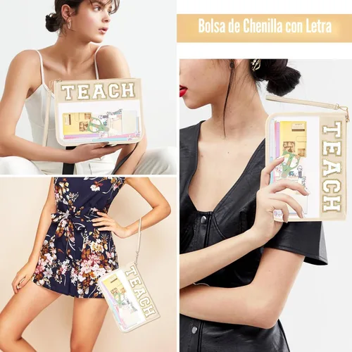 Vista 7 de Regalos de Apreciación para Profesores TEACH Bolso de Maquillaje de Chenilla con Letras, Bolso Transparente de PVC con Monograma y Cremallera