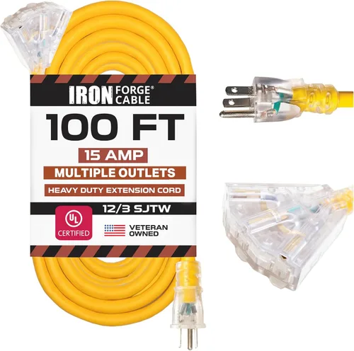 Vista 13 de Iron Forge Cable Cable de extensión resistente de calibre 12, 2 pies, color amarillo SJTW 12/3 Outdoor Cable, Lighted End, 3 Prong Grounded Plug