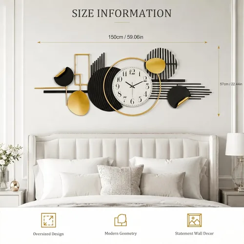 Vista 2 de HAVFIFK - Reloj de pared de metal grande de 59 pulgadas, reloj silencioso 3D para sala de estar Layered Geometric Design, Easy to Install, Heibai