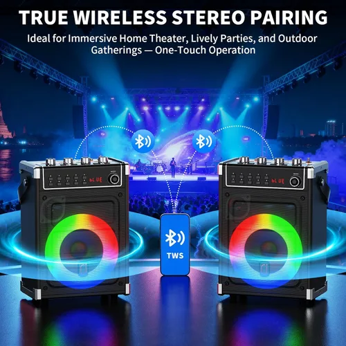 Vista 5 de JYX - Máquina de karaoke con 2 micrófonos inalámbricos, altavoz Bluetooth portátil con ajuste de graves/agudos y luz LED, compatible con TWS