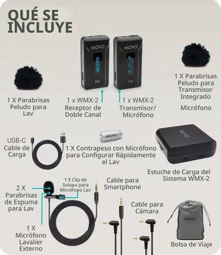 Vista 7 de Movo WMX-2 Micrófono inalámbrico para cámara con estuche de carga, micrófono Lavalier para cámaras DSLR, Vlogging, creación de contenido, cine
