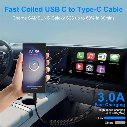Vista 3 de Cable USB C para Android Auto de carga rápida, 3 pies + 6 pies, retráctil en espiral tipo C a C, cable de carga de teléfono para Samsung Galaxy A17