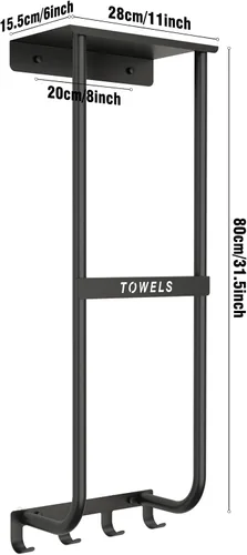 Vista 6 de Toallero para baño, toallero de pared de metal negro con estante y 4 ganchos, organizador de almacenamiento de toallas de baño