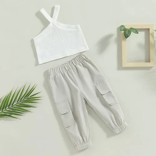 Vista 3 de Conjunto de ropa de verano para bebé niña, camiseta sin mangas + pantalones largos rectos, conjunto de ropa de 2 piezas de 1 a 6 años, Gris