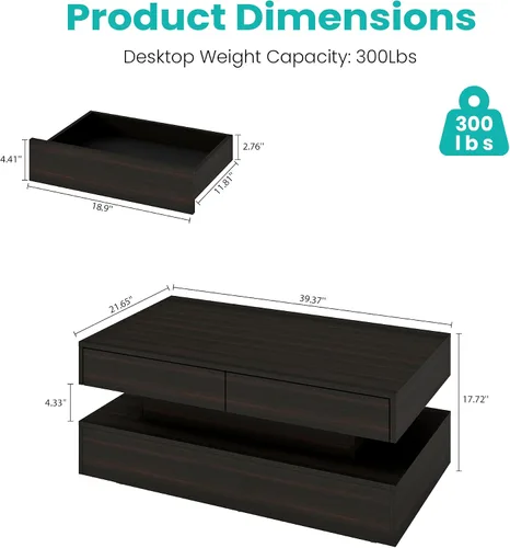 Vista 2 de Mesa de centro para sala de estar, mesa de centro moderna con 2 cajones de almacenamiento, mesa central de 2 niveles de madera con luces LED de 20