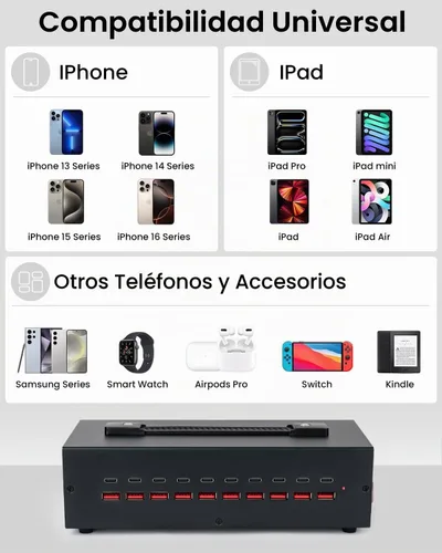 Vista 4 de Estación de carga USB-C de 200W, bloque de cargador USB de 20 puertos (10 USB A y 10 USB-C), estación de carga rápida para múltiples dispositivos