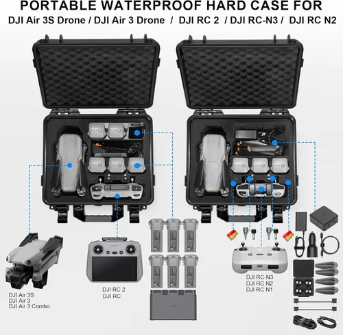 Vista 2 de Lekufee Funda rígida impermeable compatible con DJI Air 3S/3 Drone/Fly More Combo/RC 2/N3/N2 mando a distancia y accesorios (solo funda)