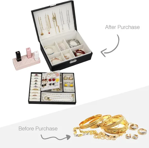 Vista 6 de USION Joyero para mujeres, niñas, novia, esposa, regalo, organizador de joyas de cuero, soporte con bandeja extraíble para aretes, pulseras