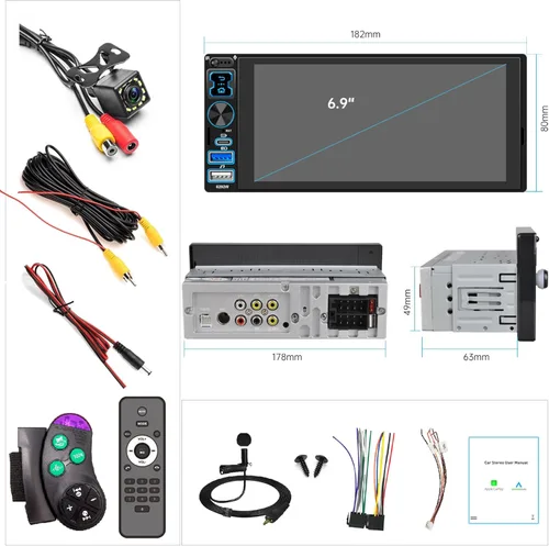 Vista 7 de Radio estéreo para automóvil DIN individual con Apple CarPlay inalámbrico y Android Auto, pantalla táctil IPS de 6.9" 1280x600, Bluetooth 5.2, radio