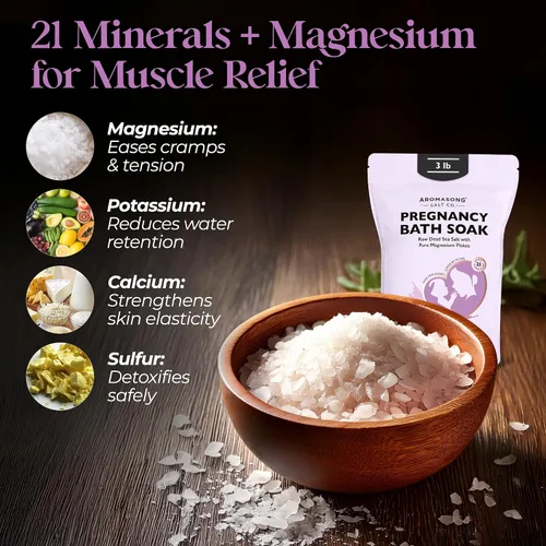 Vista 4 de Aromasong Baño de embarazo remojo de 3 libras – 100% escamas de magnesio puro con 21 minerales esenciales del mar muerto y lavanda natural, mejor