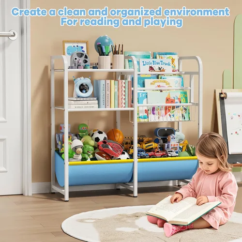 Vista 6 de Estantería 3 en 1 para niños y organizador de almacenamiento de juguetes, organizador de libros Montessori para bebés, estante de exhibición de Azul