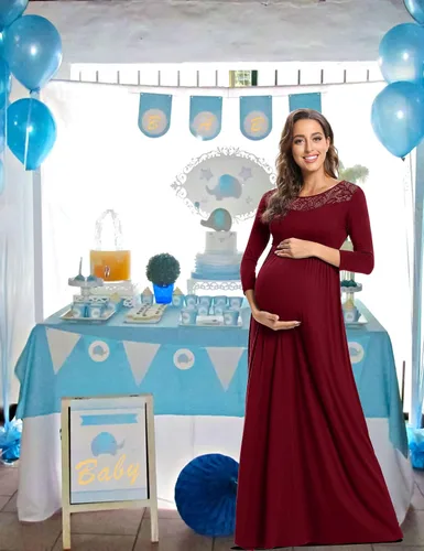 Vista 2 de Vestido largo de maternidad con cuello de encaje, vestido de baby shower, vestido de sesión de fotos de maternidad, vestido de embarazo