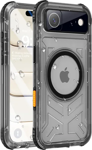Vista 27 de Funda impermeable para iPhone 15 con Magsafe, protector de pantalla, cordón, IP68 militar de cuerpo completo a prueba de golpes, para deportes Negro