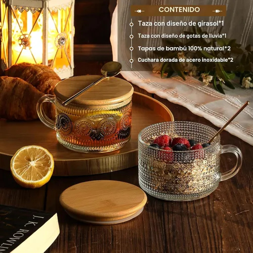 Vista 2 de Tazas de café vintage, contenedores de avena nocturna con tapas y cucharas de bambú - Tazas de vidrio claro grabado de 14oz, lindos accesorios